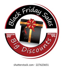 Printable Label / Stamp for Black Friday. Contains a big black gift box with a red-golden ribbon. Print colors used.