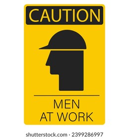 Printable label sticker caution men at work with worker helmet safety, for under construction  industrial site