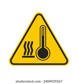 Printable label sticker design yellow triangle safety sign of danger hot temperature, with illustration thermometer and heat waves