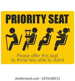 Printable label yellow sticker priority seat, for elder, disable, pregnant, woman with baby or children, for  bus transport or public area sign