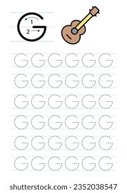 Printable letter G alphabet tracing worksheet, vector illustration