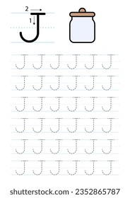 Printable letter J alphabet tracing worksheet, vector illustration