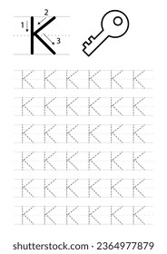 Printable letter K alphabet tracing worksheet, key vector illustration