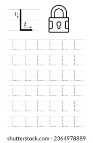 Printable letter L alphabet tracing worksheet, lock vector illustration