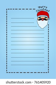 Printable Letter Pad Christmas Stationery with Santa on Blue Background. Hand Lettering Merry Christmas. Vector Illustration. Cartoon