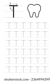 Printable letter T alphabet tracing worksheet, tooth vector illustration