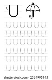 Printable letter U alphabet tracing worksheet, umbrella vector illustration