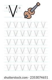 Printable letter V alphabet tracing worksheet, vector illustration