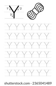 Printable letter Y alphabet tracing worksheet, yarn vector illustration