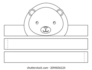 Corona de papel de león imprimible. Plantilla de cinta de la fiesta de corte diario para cumpleaños, navidad, ducha de bebé. Accesorio divertido para la diversión. Imprimir, colorear, cortar y pegar. Ilustración de material vectorial.