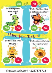 Printable Logic Kid Task and Answer Question Worksheet: Insects It's a yes-or-no game. Learn about kids' education activities. Children learn and play brain games.