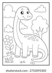 Printable Long Neck Dinosaur Coloring Sheet for Children. Prehistoric Theme Educational Activity Page for Kids. Simple Bold Outline Illustration