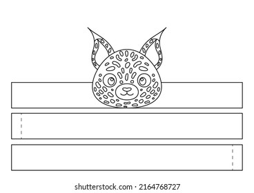 Printable lynx paper crown. Fun accessory for entertainment. Diy cut party ribbon template for birthday, christmas, baby shower. Print, color, cut and glue. Vector stock illustration.