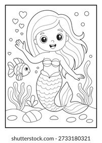 Printable Magical Mermaid Coloring Sheet for Children. Underwater Theme Educational Activity Page for Kids. Simple Bold Outlines for Toddlers and Preschoolers