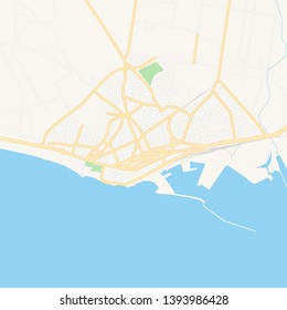 Printable map of Alexandroupoli, Greece with main and secondary roads and larger railways. This map is carefully designed for routing and placing individual data.