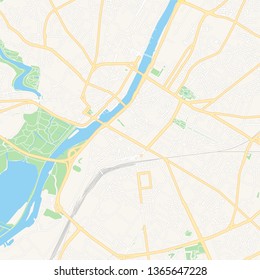Printable map of Angers, France with main and secondary roads and larger railways. This map is carefully designed for routing and placing individual data.