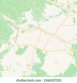 Printable map of Baden bei Wien, Austria with main and secondary roads and larger railways. This map is carefully designed for routing and placing individual data.