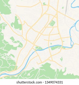 Printable map of Banja Luka, Bosnia and Herzegovina with main and secondary roads and larger railways. This map is carefully designed for routing and placing individual data.