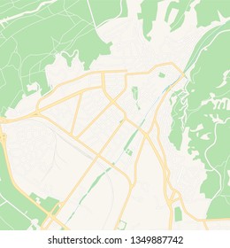 Printable map of Blagoevgrad, Bulgaria with main and secondary roads and larger railways. This map is carefully designed for routing and placing individual data.