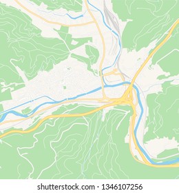 Printable map of Bruck an der Mur, Austria with main and secondary roads and larger railways. This map is carefully designed for routing and placing individual data.