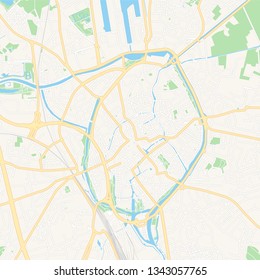 Printable map of Bruges , Belgium with main and secondary roads and larger railways. This map is carefully designed for routing and placing individual data.