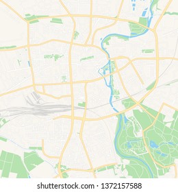 Printable map of Cottbus, Germany with main and secondary roads and larger railways. This map is carefully designed for routing and placing individual data.