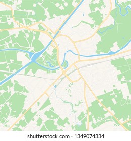 Printable map of Deinze, Belgium with main and secondary roads and larger railways. This map is carefully designed for routing and placing individual data.