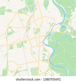 Printable map of Dessau-Roslau, Germany with main and secondary roads and larger railways. This map is carefully designed for routing and placing individual data.