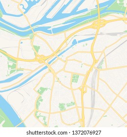 Printable map of Duisburg, Germany with main and secondary roads and larger railways. This map is carefully designed for routing and placing individual data.