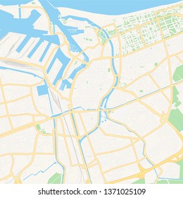 Printable map of Dunkirk, France with main and secondary roads and larger railways. This map is carefully designed for routing and placing individual data.
