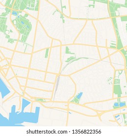 Printable map of Esbjerg, Denmark with main and secondary roads and larger railways. This map is carefully designed for routing and placing individual data.