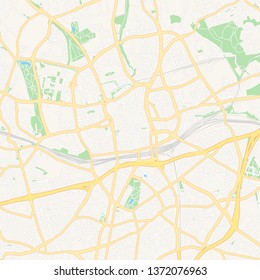 Printable map of Essen, Germany with main and secondary roads and larger railways. This map is carefully designed for routing and placing individual data.