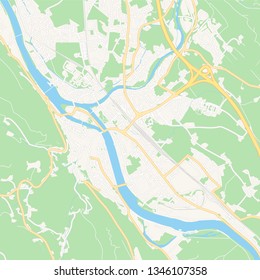 Printable map of Hallein, Austria with main and secondary roads and larger railways. This map is carefully designed for routing and placing individual data.