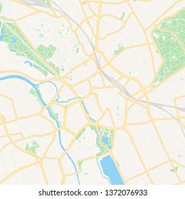 Printable map of Hannover, Germany with main and secondary roads and larger railways. This map is carefully designed for routing and placing individual data.