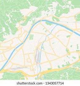 Printable map of Innsbruck, Austria with main and secondary roads and larger railways. This map is carefully designed for routing and placing individual data.