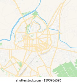 Printable map of Larissa, Greece with main and secondary roads and larger railways. This map is carefully designed for routing and placing individual data.