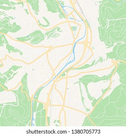 Printable map of Marburg, Germany with main and secondary roads and larger railways. This map is carefully designed for routing and placing individual data.