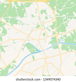 Printable map of Menen , Belgium with main and secondary roads and larger railways. This map is carefully designed for routing and placing individual data.