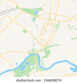Printable map of Mogilev, Belarus with main and secondary roads and larger railways. This map is carefully designed for routing and placing individual data.