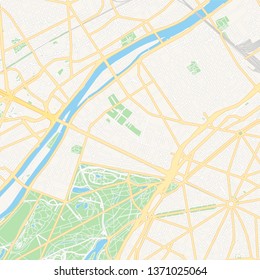 Printable map of Neuilly-sur-Seine, France with main and secondary roads and larger railways. This map is carefully designed for routing and placing individual data.