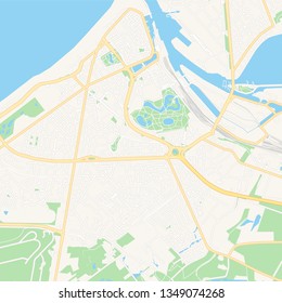 Printable map of Ostend , Belgium with main and secondary roads and larger railways. This map is carefully designed for routing and placing individual data.