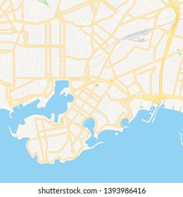 Printable map of Piraeus, Greece with main and secondary roads and larger railways. This map is carefully designed for routing and placing individual data.