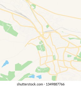 Printable map of Pleven, Bulgaria with main and secondary roads and larger railways. This map is carefully designed for routing and placing individual data.