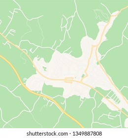 Printable map of Prnjavor, Bosnia and Herzegovina with main and secondary roads and larger railways. This map is carefully designed for routing and placing individual data.
