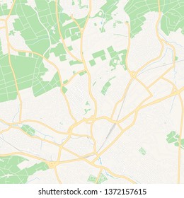 Printable map of Reutlingen, Germany with main and secondary roads and larger railways. This map is carefully designed for routing and placing individual data.