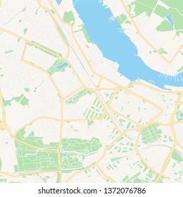 Printable map of Rostock, Germany with main and secondary roads and larger railways. This map is carefully designed for routing and placing individual data.