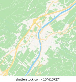 Printable map of Schwaz, Austria with main and secondary roads and larger railways. This map is carefully designed for routing and placing individual data.