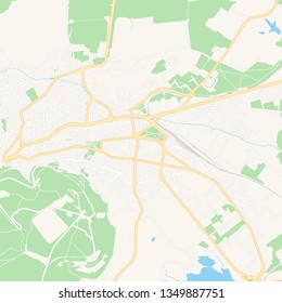 Printable map of Shumen, Bulgaria with main and secondary roads and larger railways. This map is carefully designed for routing and placing individual data.
