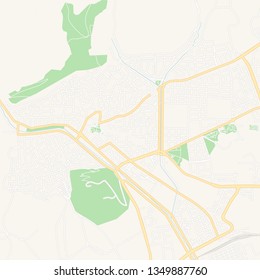 Printable map of Sliven, Bulgaria with main and secondary roads and larger railways. This map is carefully designed for routing and placing individual data.