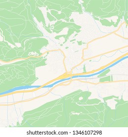 Printable map of Telfs, Austria with main and secondary roads and larger railways. This map is carefully designed for routing and placing individual data.